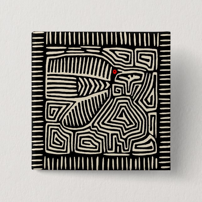 Bóton Quadrado 5.08cm Mola Pajaro Índio Kuna do Panamá - Preto Branco (Frente)