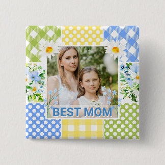 Bóton Quadrado 5.08cm Moldura de Fotos Floral e Xadrez Dia das Mães