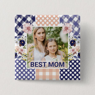 Bóton Quadrado 5.08cm Moldura de Fotos Floral e Xadrez Dia das Mães