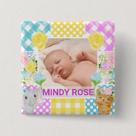 Bóton Quadrado 5.08cm Moldura Floral e Xadrez Foto Bebê Recém-Nascido