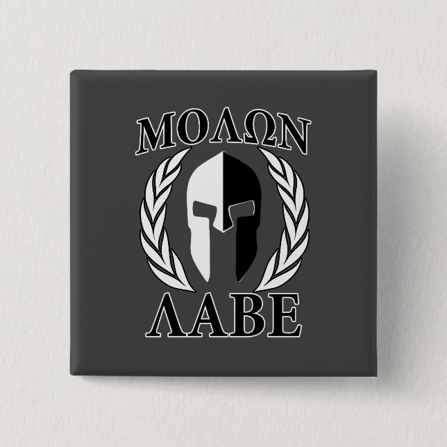 Bóton Quadrado 5.08cm Molon Labe Spartan Mask Laurels Monocromo (Frente)