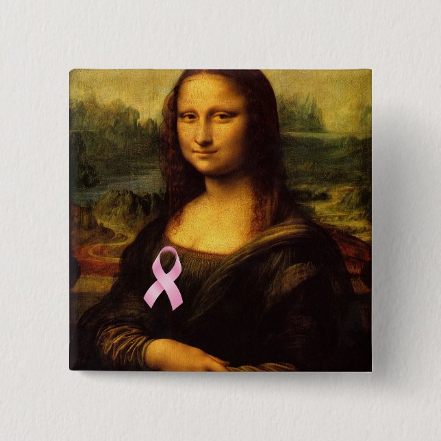 Bóton Quadrado 5.08cm Mona Lisa Com Fita Rosa (Frente)