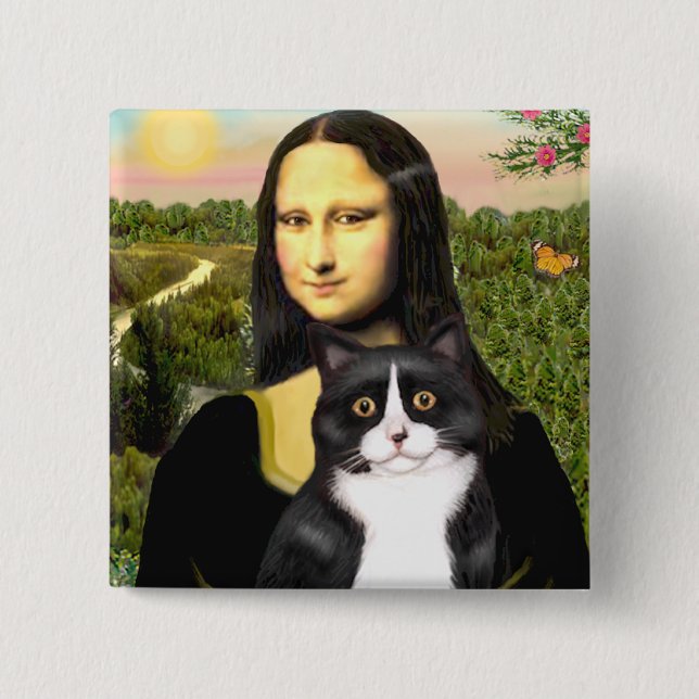 Bóton Quadrado 5.08cm Mona Lisa - gato preto e branco (Frente)
