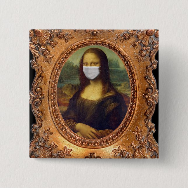 Bóton Quadrado 5.08cm Mona lisa numa máscara cirúrgica leonardo da Vinci (Frente)