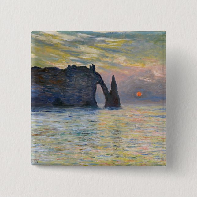 Bóton Quadrado 5.08cm Monet - Manneport, Cliff em Etretat, Sunset (Frente)