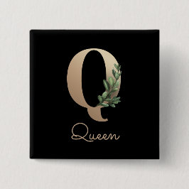 Bóton Quadrado 5.08cm Monograma Botânico Elegante - Botão Letra Q Dourad