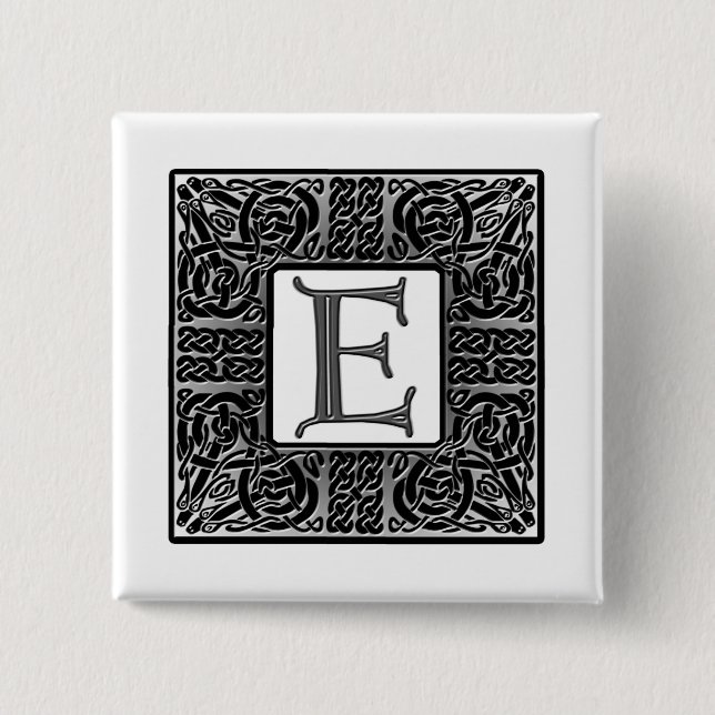 Bóton Quadrado 5.08cm Monograma Celular de Prata "E" (Frente)