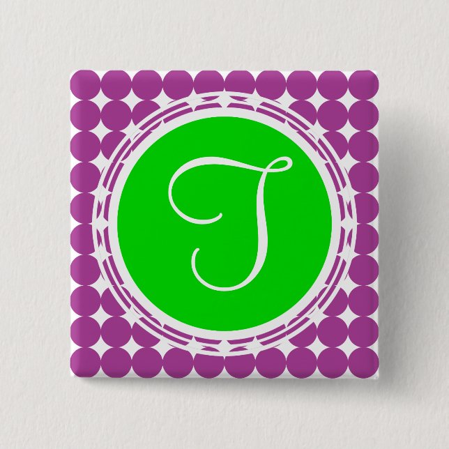 Bóton Quadrado 5.08cm Monograma de Bolinhas Verde e Roxo (Frente)