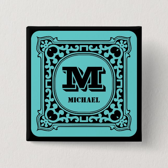 Bóton Quadrado 5.08cm Monograma do alfabeto decorativo verde da vindima (Frente)