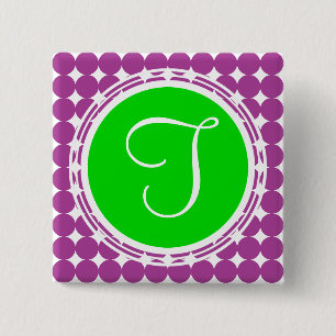 Bóton Quadrado 5.08cm Monograma verde & roxo das bolinhas