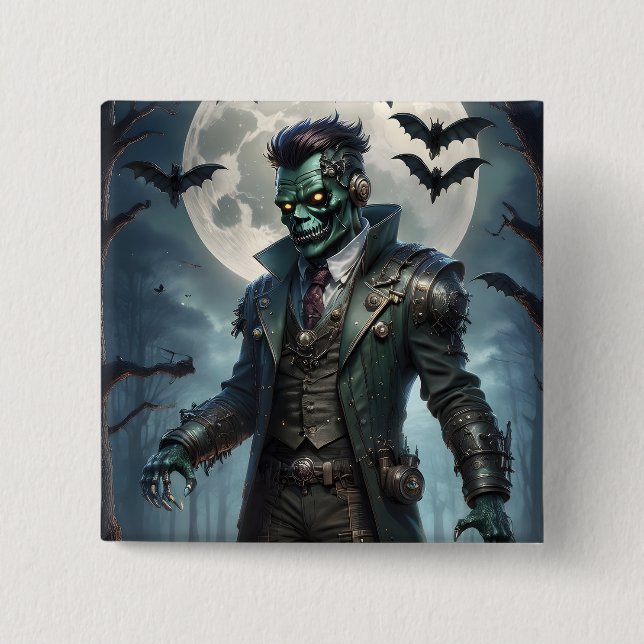 Bóton Quadrado 5.08cm Monstro de Frankenstein Steampunk do Halloween (Frente)