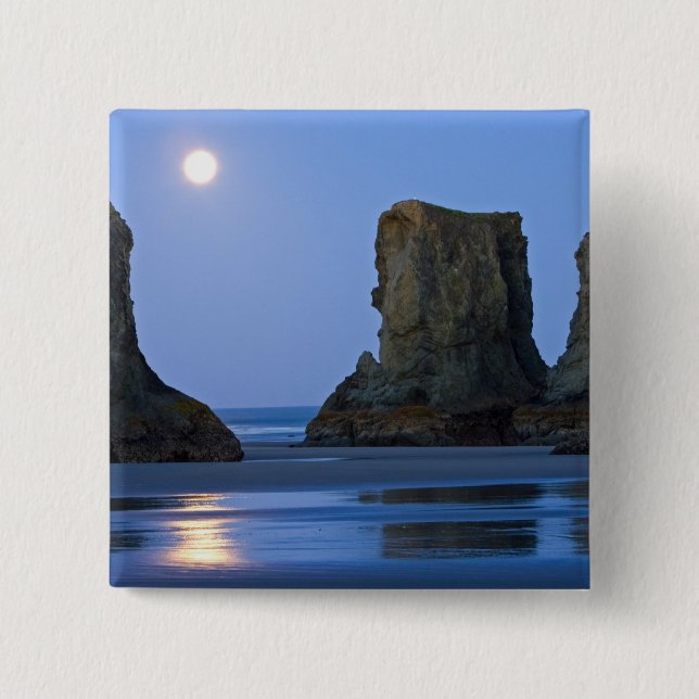 Bóton Quadrado 5.08cm Moonset, Bandon Beach, Oregon. (Frente)