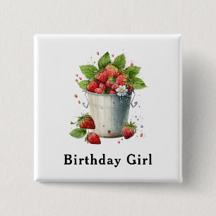 Bóton Quadrado 5.08cm Morangos frescos em uma Balde de aniversário