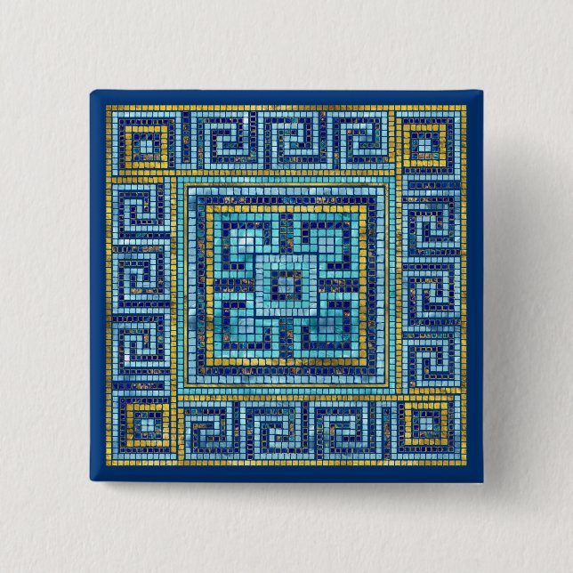 Bóton Quadrado 5.08cm Mosaico Azulejo Grego Meander Key (Frente)