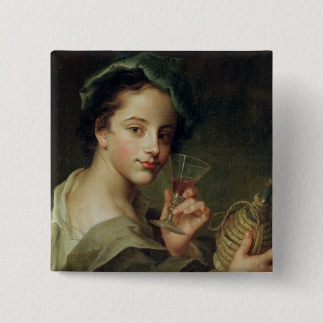 Bóton Quadrado 5.08cm Mulher com um vidro do vinho (Frente)