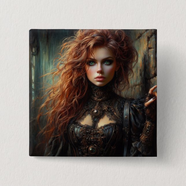 Bóton Quadrado 5.08cm Mulher gótica steampunk (Frente)
