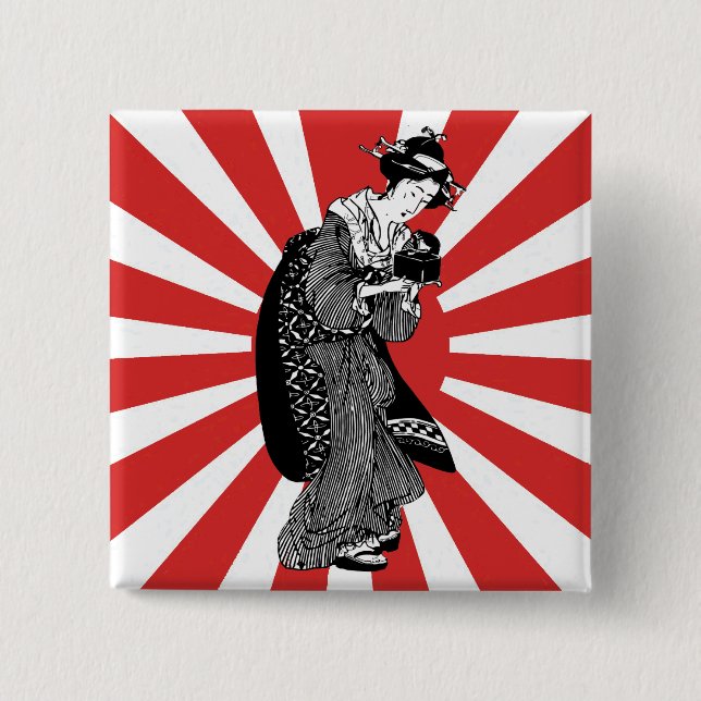 Bóton Quadrado 5.08cm Mulher japonesa tradicional do ukiyoe (Frente)