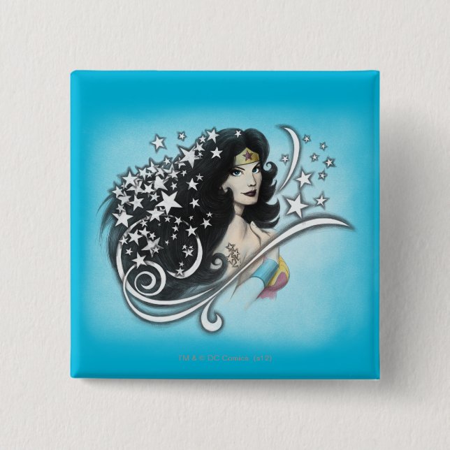 Bóton Quadrado 5.08cm Mulher Maravilha e Estrelas (Frente)