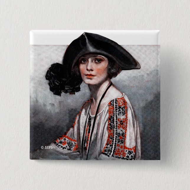 Bóton Quadrado 5.08cm Mulher na blusa bordada (Frente)