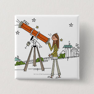 Bóton Quadrado 5.08cm Mulher que usa um telescópio da astronomia