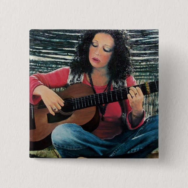 Bóton Quadrado 5.08cm Mulher Tocando Música Com Violão Acústico (Frente)