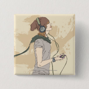Bóton Quadrado 5.08cm Música de escuta da jovem mulher