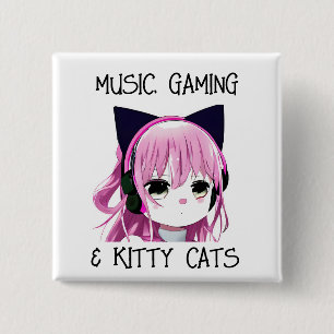 Bóton Quadrado 5.08cm Música Gaming e Kitty Cat Anime Girl