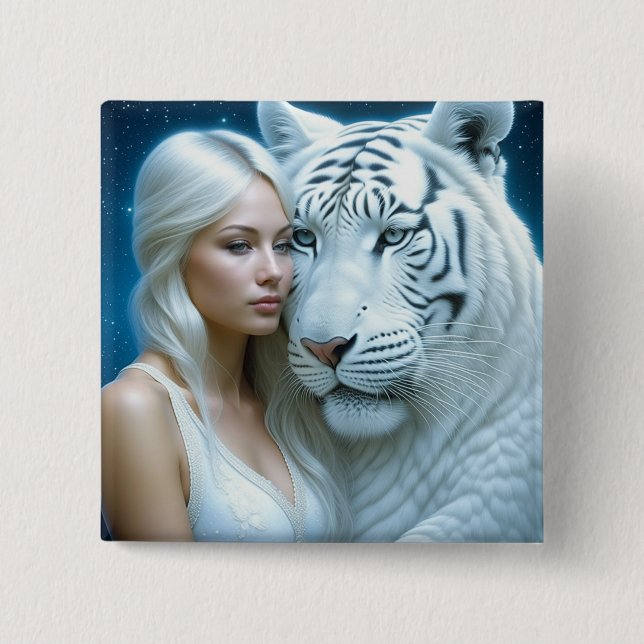 Bóton Quadrado 5.08cm Mystical White Tiger e Mulher (Frente)