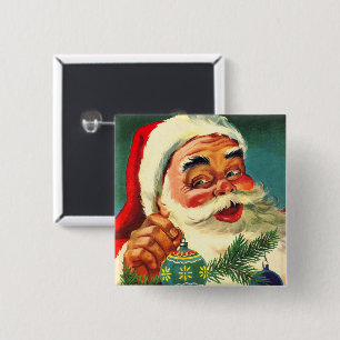 Bóton Quadrado 5.08cm Natal Antigo, Papai Noel dos anos 50 Alegre e Retr