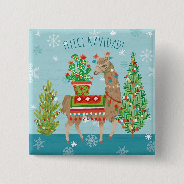 Bóton Quadrado 5.08cm Natal bonito dos lamas de Navidad | do velo (Frente)