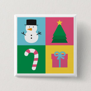 Bóton Quadrado 5.08cm Natal Colorido com Boneco de Neve, Árvore, Doce