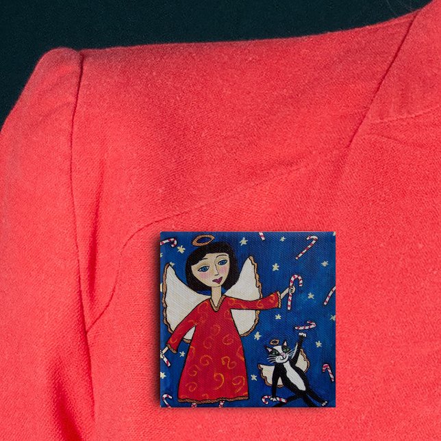 Bóton Quadrado 5.08cm Natal do Gato de Gato do Candy Cane (Angel in red dress floating in sky with angel cat and candy canes on Christmas pin back button.)