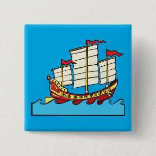 Bóton Quadrado 5.08cm Navio Tradicional Vermelho da China em Ondas Azuis