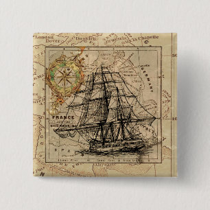 Bóton Quadrado 5.08cm Navio Vintage e velho mapa europeu