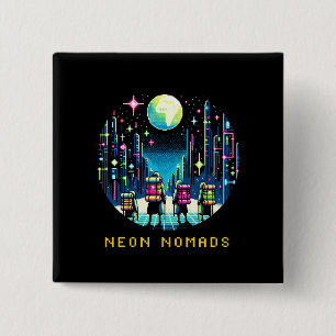 Bóton Quadrado 5.08cm Neon Nomads - Cyberpunk Pixel Art Viagem