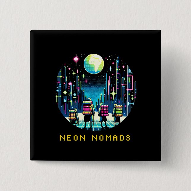 Bóton Quadrado 5.08cm Neon Nomads - Cyberpunk Pixel Art Viagem (Frente)
