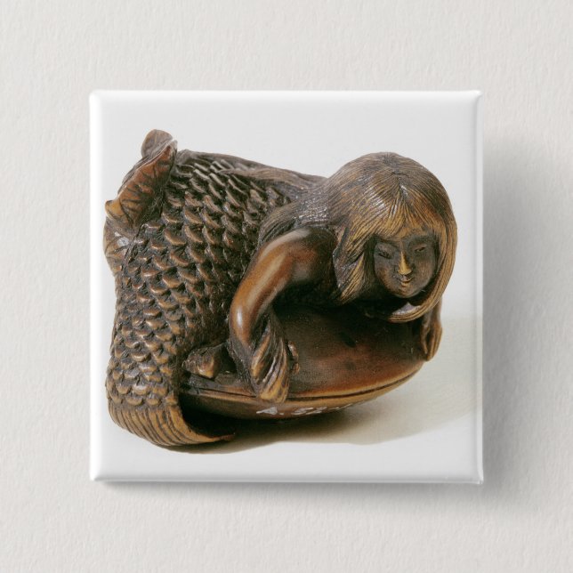 Bóton Quadrado 5.08cm Netsuke cinzelou na forma de uma sereia (Frente)