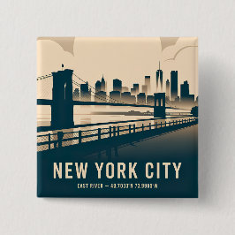 Bóton Quadrado 5.08cm New York City Skyline Minimalist Art Vintage River