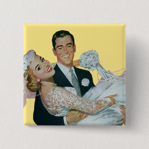 Bóton Quadrado 5.08cm Newlyweds do casamento vintage, noivos felizes