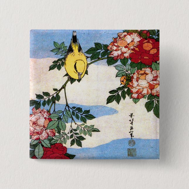 Bóton Quadrado 5.08cm Nightingale & Rosas Hokusai Japonês Belas Artes (Frente)