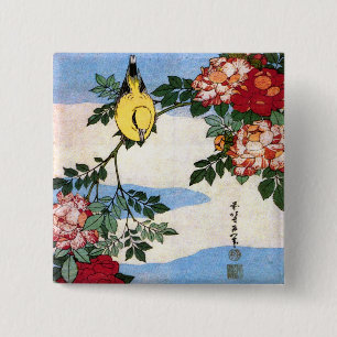 Bóton Quadrado 5.08cm Nightingale & Rosas Hokusai Japonês Belas Artes