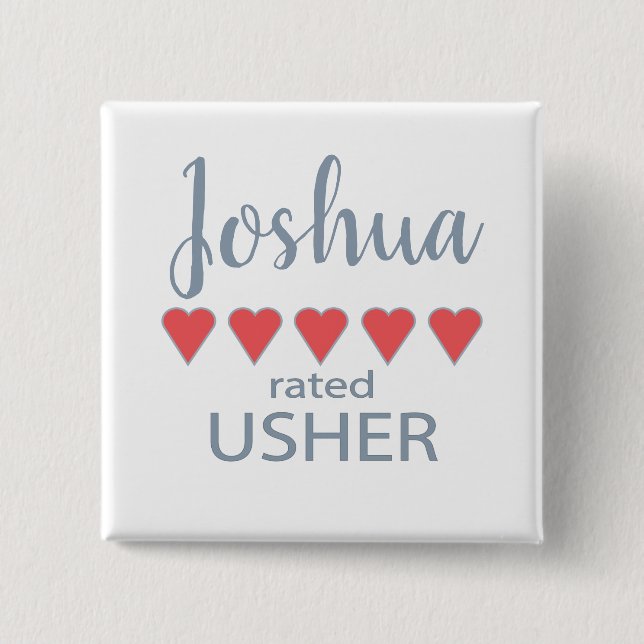 Bóton Quadrado 5.08cm Noiva e Cortejo 5 Corações Usher (Frente)