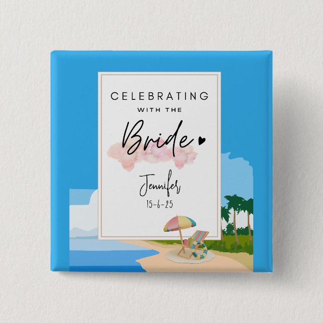 Bóton Quadrado 5.08cm Noiva na Praia - Botão de festa de despedida de so (Frente)