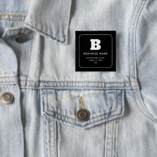 Bóton Quadrado 5.08cm Nome Comercial & Slogan Editáveis Preto & Branco