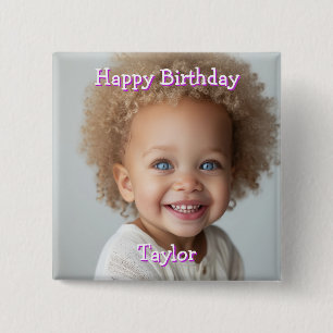 Bóton Quadrado 5.08cm Nome de Aniversário Feliz Personalizado e Foto