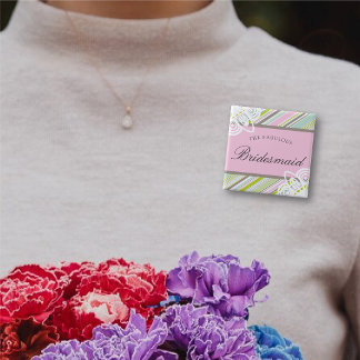 Bóton Quadrado 5.08cm NOME DE ETIQUETA de Casamento de Stripes de Jardim