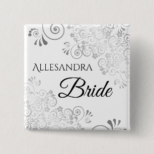 Bóton Quadrado 5.08cm Nome de etiqueta de Casamento Silver Floral Filigr