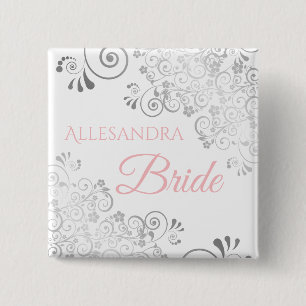 Bóton Quadrado 5.08cm Nome de etiqueta de noiva de casamento rosa com Ci