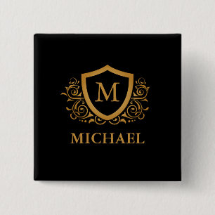 Bóton Quadrado 5.08cm Nome do Monograma Personalizado de Na moda Preto e