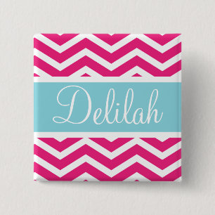 Bóton Quadrado 5.08cm Nome Personalizado Azul-Chevron Branco Rosa